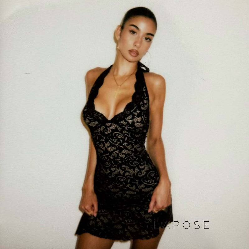 Rihanna Lace Halter Mini Dress