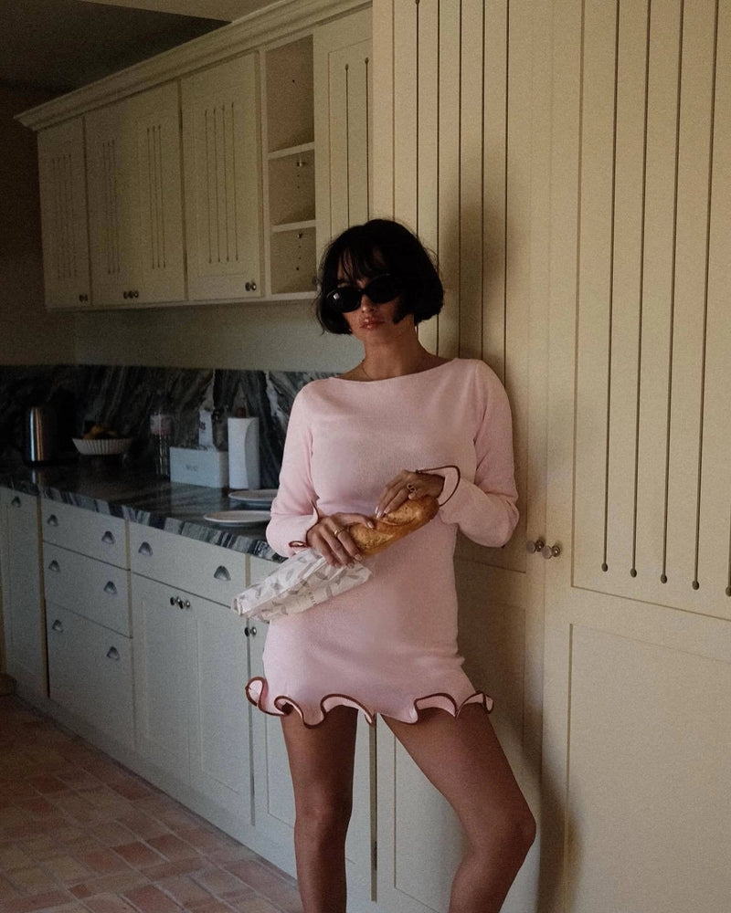 Ruffle Hem Long Sleeve Knit Mini Dress