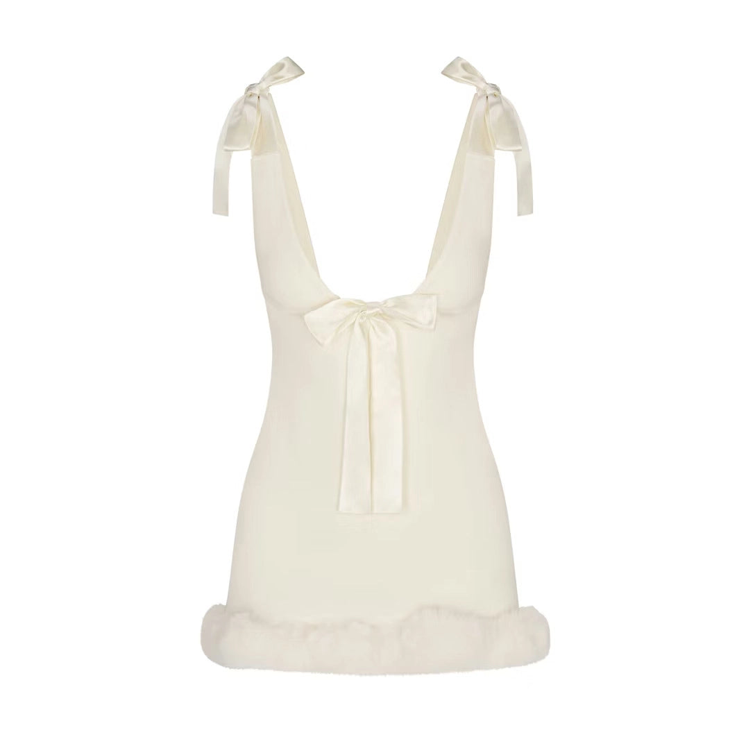 Satin Bow Strap Fur Trim Mini Dress