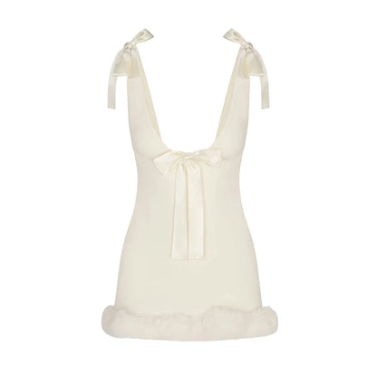 Satin Bow Strap Fur Trim Mini Dress