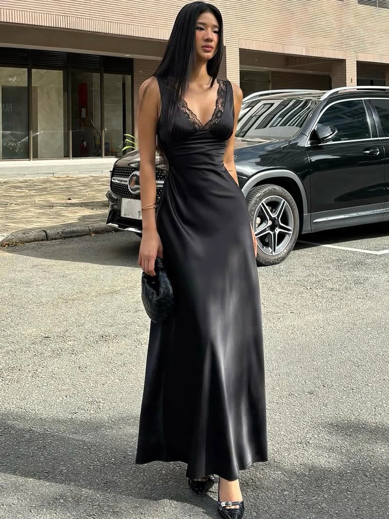Satin Lace Spliced Maxi Dress