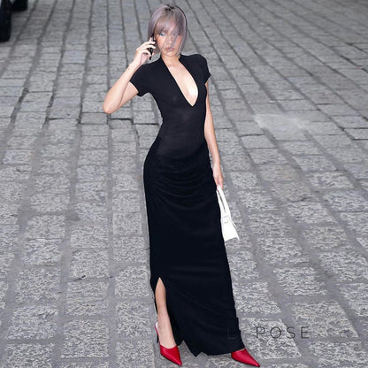 Susanna Deep V Ruched Maxi Dress
