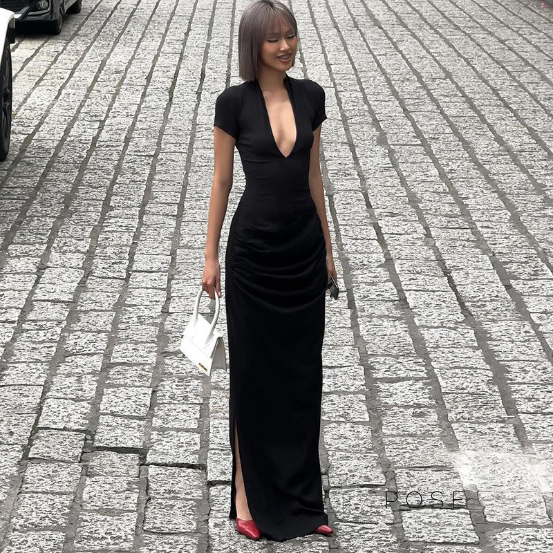 Susanna Deep V Ruched Maxi Dress