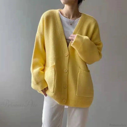 Lazy Wind Yellow Single-breasted Knit Cardigan