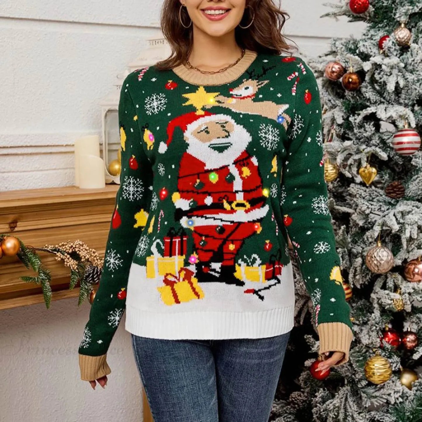 Led Light Autumn Winter Santa Jacquard Round Neck Retro Christmas Sweater