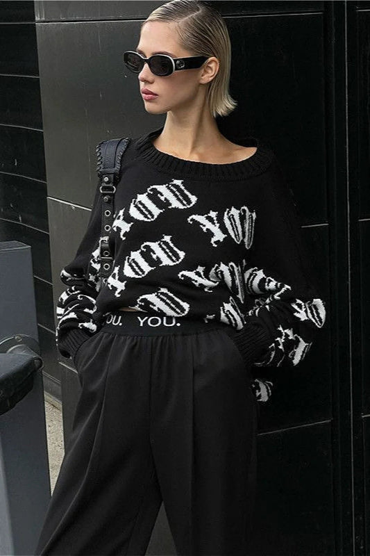 Letter Color Block Long Sleeve Knit Sweater