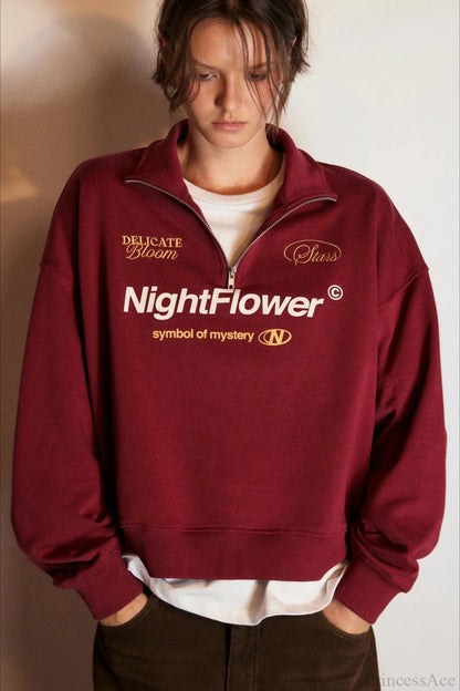 Letter Print Half Zip Stand Collar Loose Sweatshirts