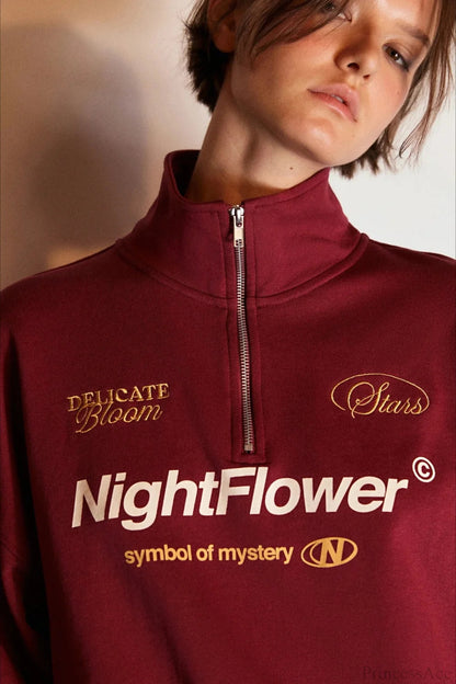 Letter Print Half Zip Stand Collar Loose Sweatshirts