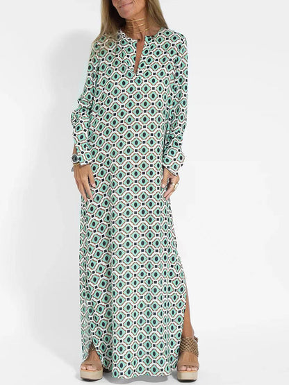 Long Sleeves V Neck Geometric Printed Maxi Dress