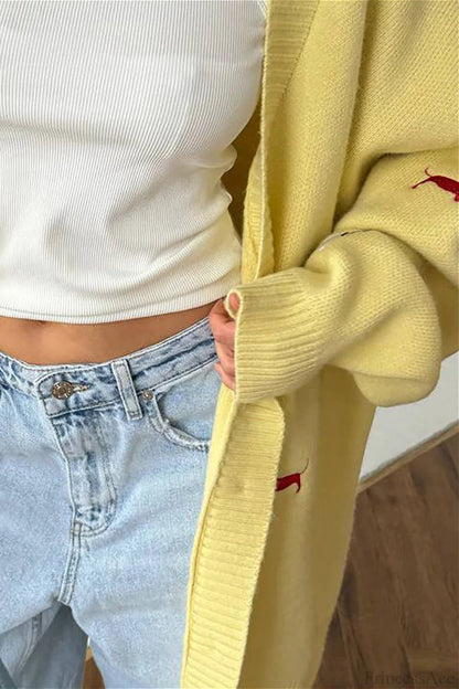 Loose Dachshund Embroidery Knit Button Cardigan