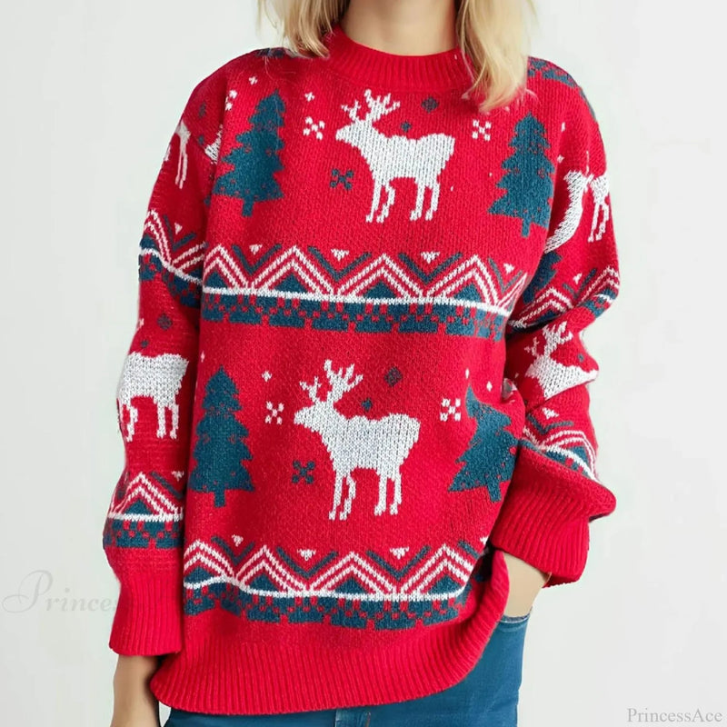 Loose-fit Thickened Red Winter Style Knitted Pullover Christmas Sweater