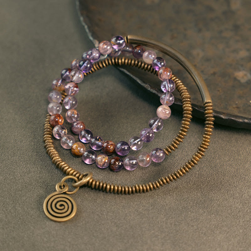 Love and Forgiveness Bracelet With Purple Phantom, Red Hematoid & Green Rutilated Quartz