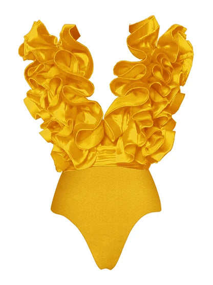 Frilled V Neck One Piece Swimsuit and Skirt