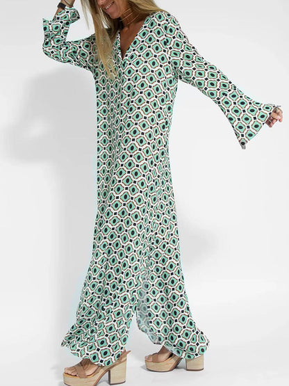Long Sleeves V Neck Geometric Printed Maxi Dress