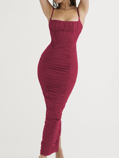 Backless Tight Pleated Maxi Dress