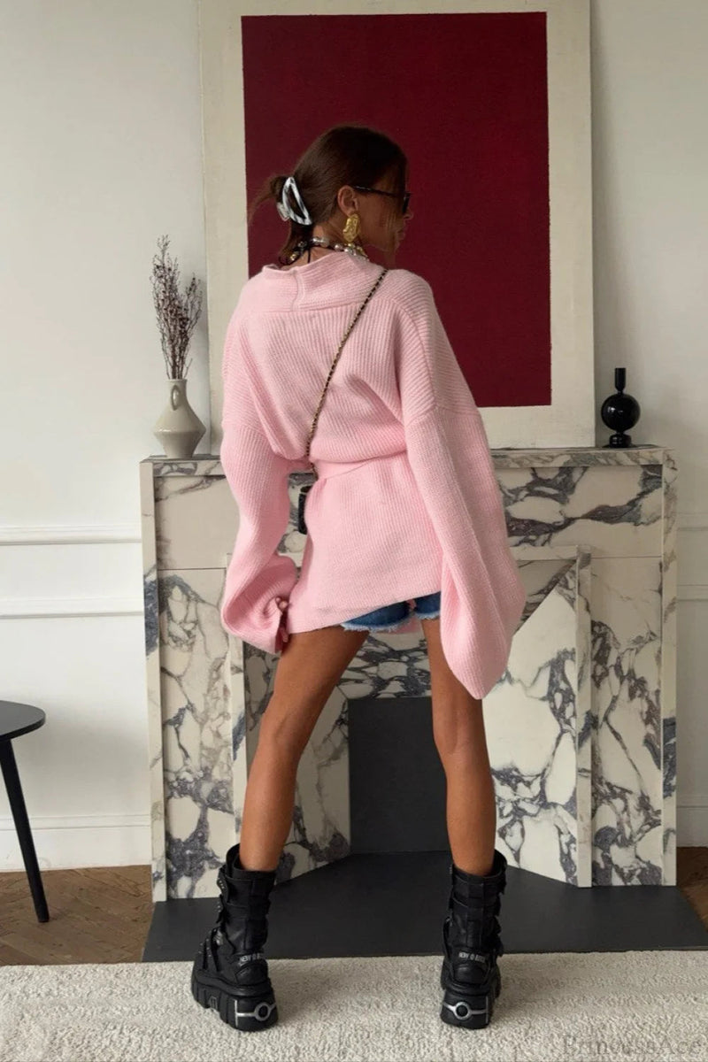 Minimalist Mid-length Knit Tie-waist Blouse