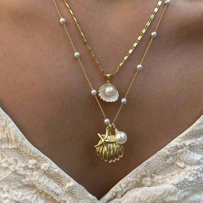 Layered Pearl and Shell Necklace