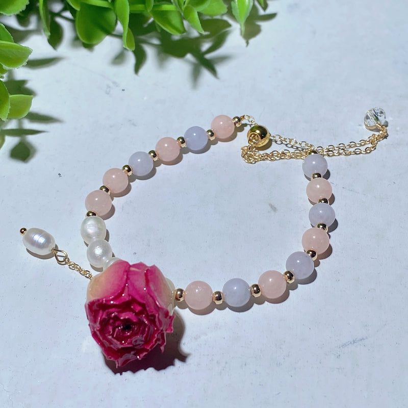 Mixed Crystal Healing Bracelet With Pearl Rose Flower Accent