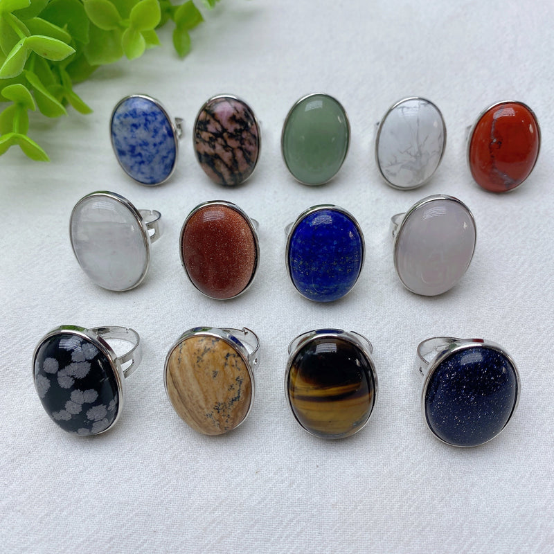 Mixed Crystal Healing Rings With Oval Cabochons