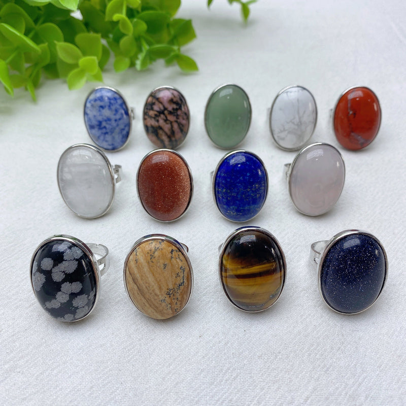 Mixed Crystal Healing Rings With Oval Cabochons