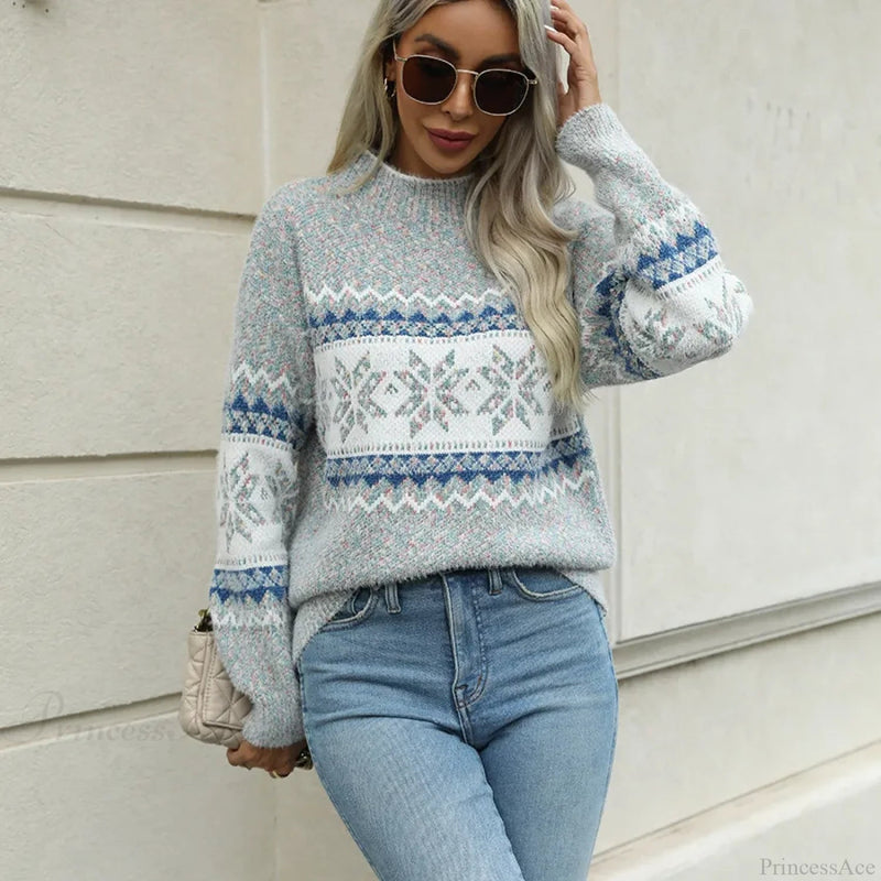 Mock Neck Long Sleeve Street Christmas Snowflake Jacquard Christmas Sweater