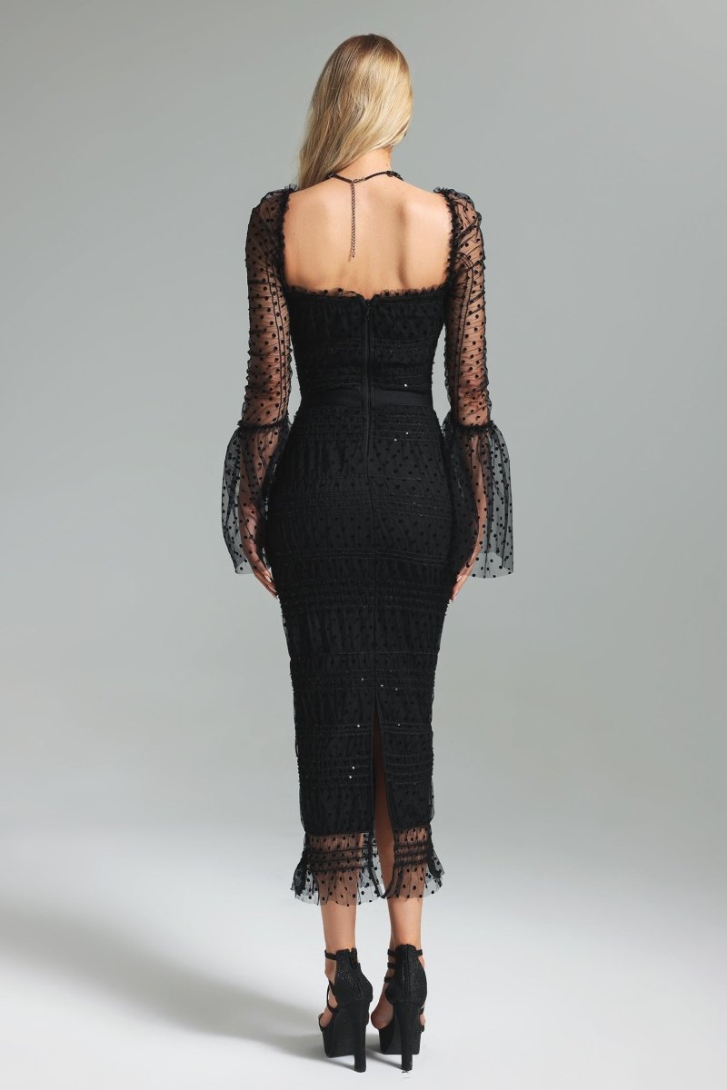 Monica Sequins Embellished Square Neck Mesh Midi Dress