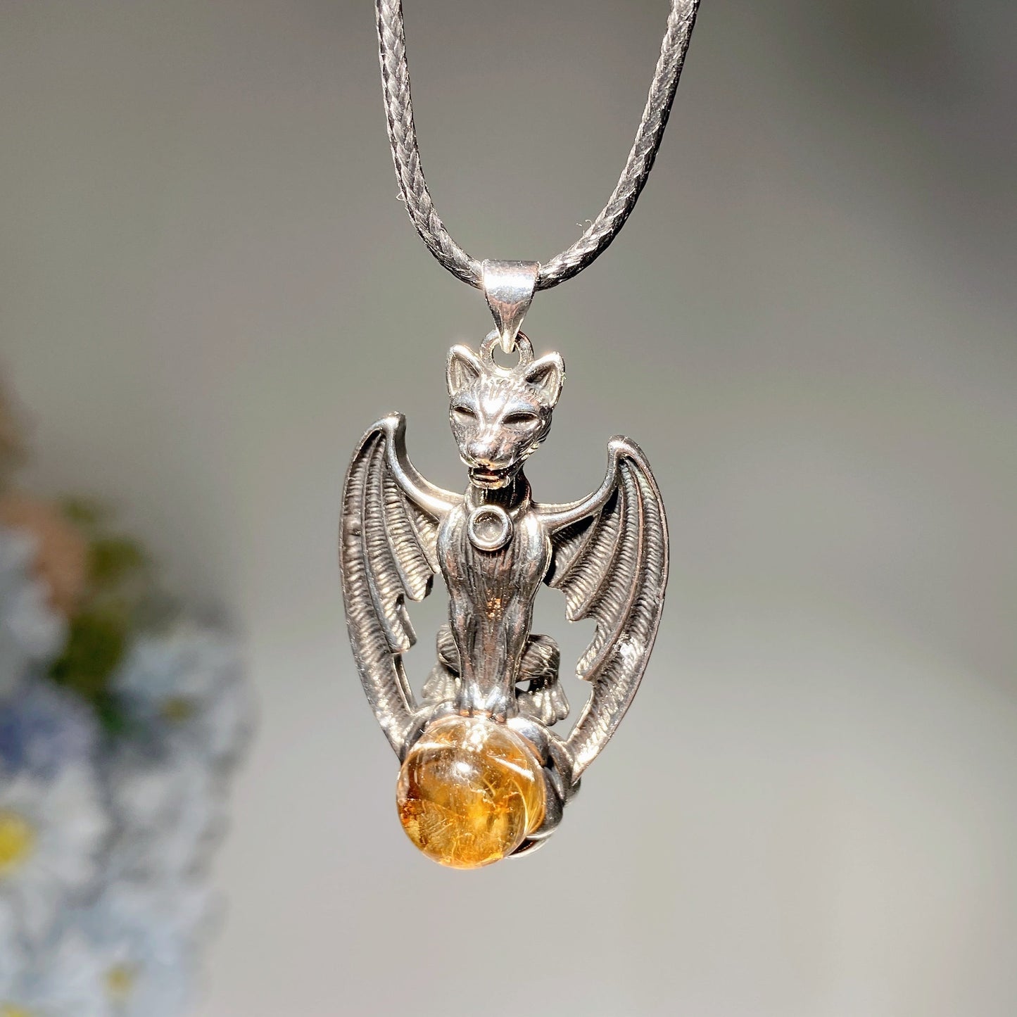 Moonstone Pendant With Crystal Decor Metal Bat 5cm