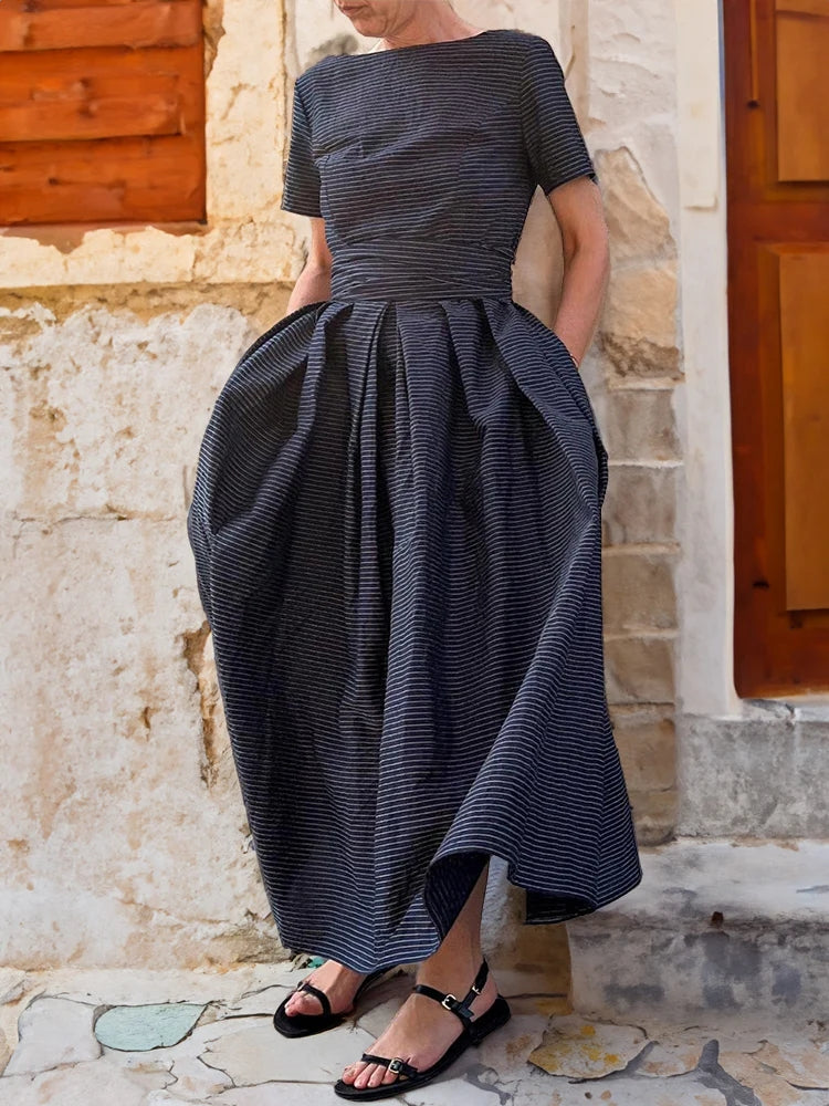 Stripes Short Sleeves Pockets Maxi Dress