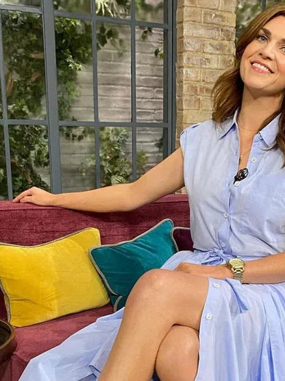 Blue Short Sleeves Midi Dress With Belt