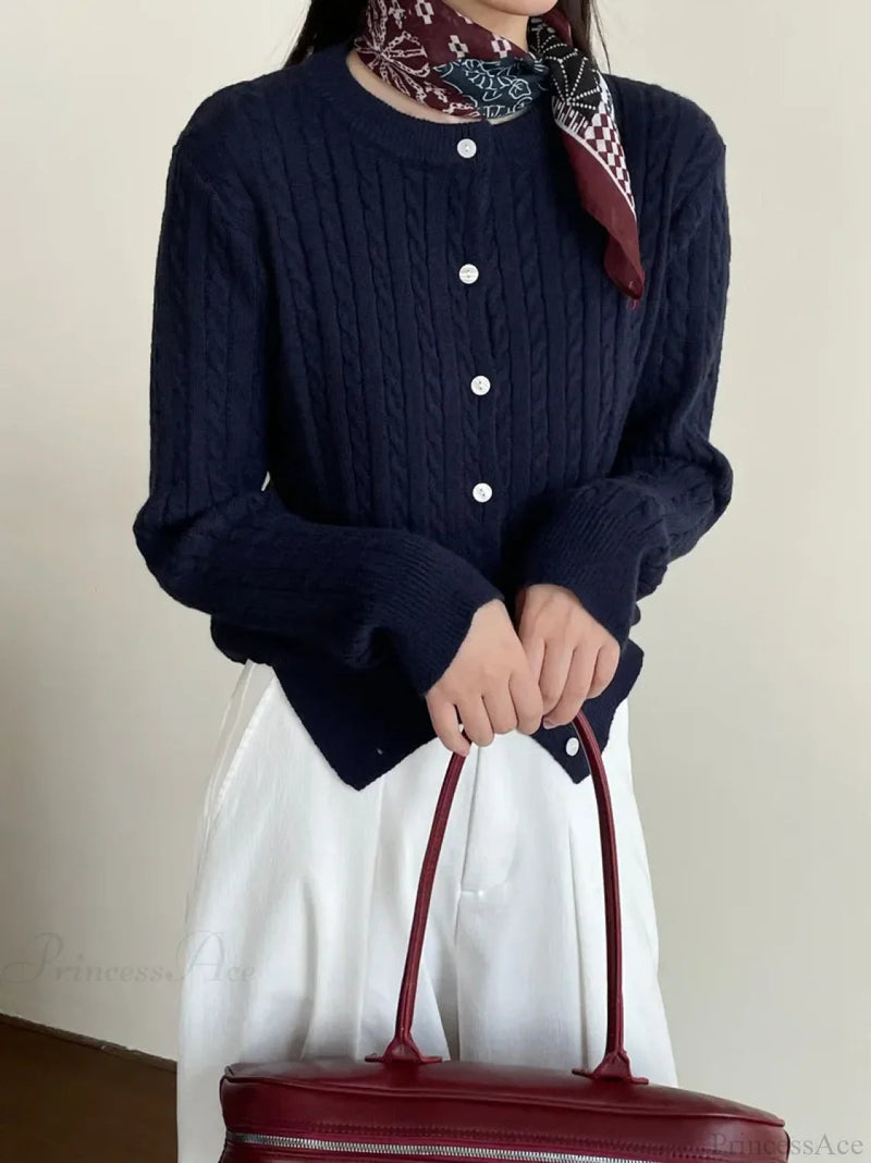 Navy Blue Cable Knit Cartoon Embroidered Cardigan Christmas Sweater