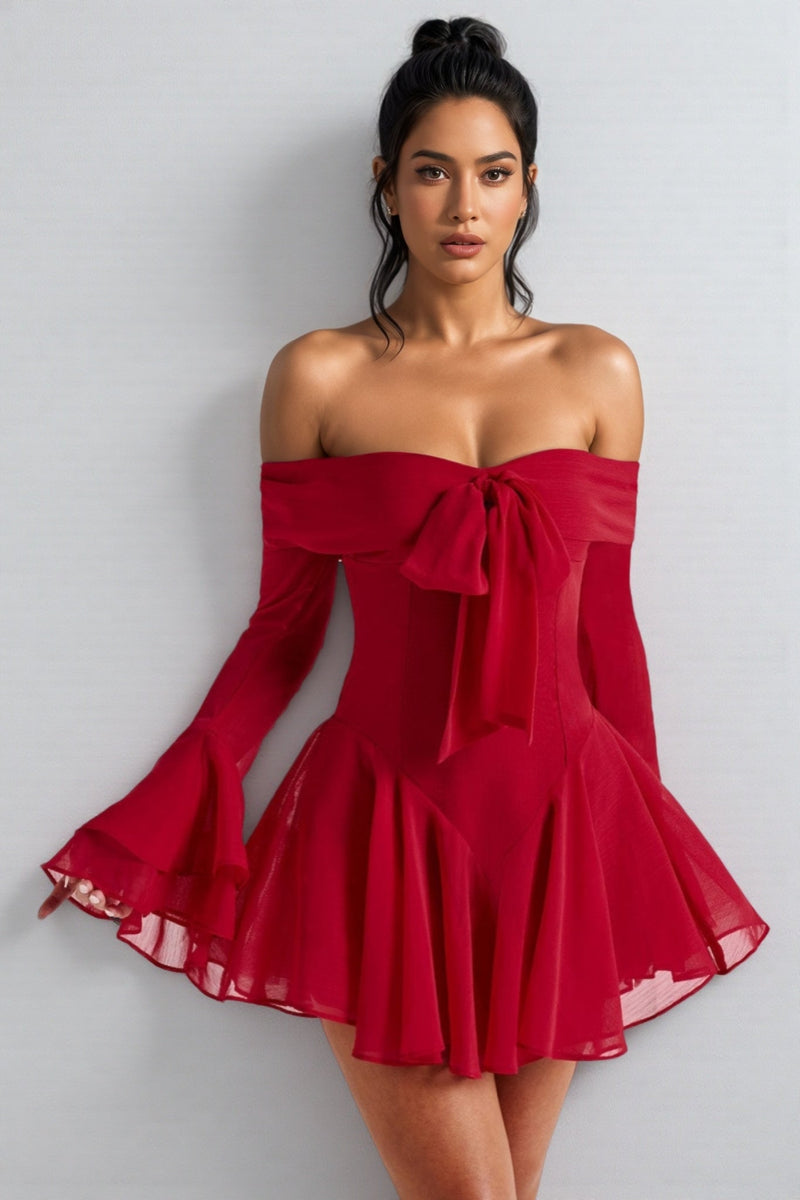 Hannd Red One-shoulder Bell Sleeve Mini Dress