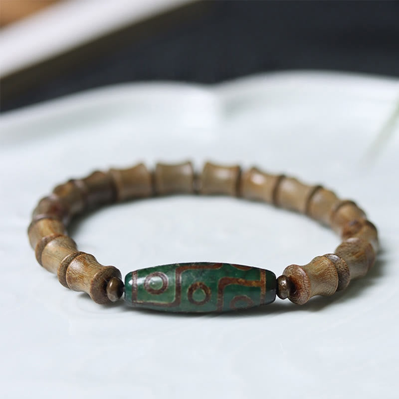 Nine-eye Dzi Bead Green Sandalwood Spiritual Bracelet 14-16cm