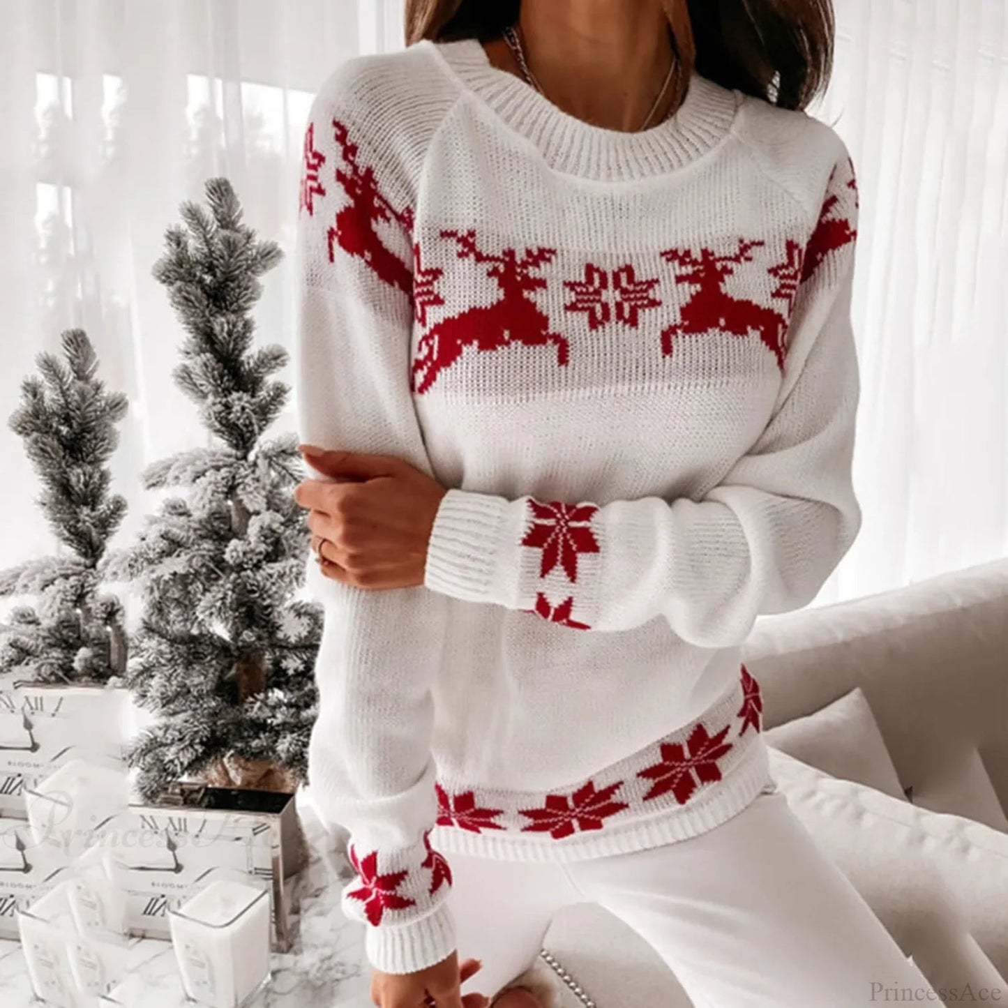 Knitted Round Neck Long Sleeve Christmas Deer Jumper Christmas Sweater