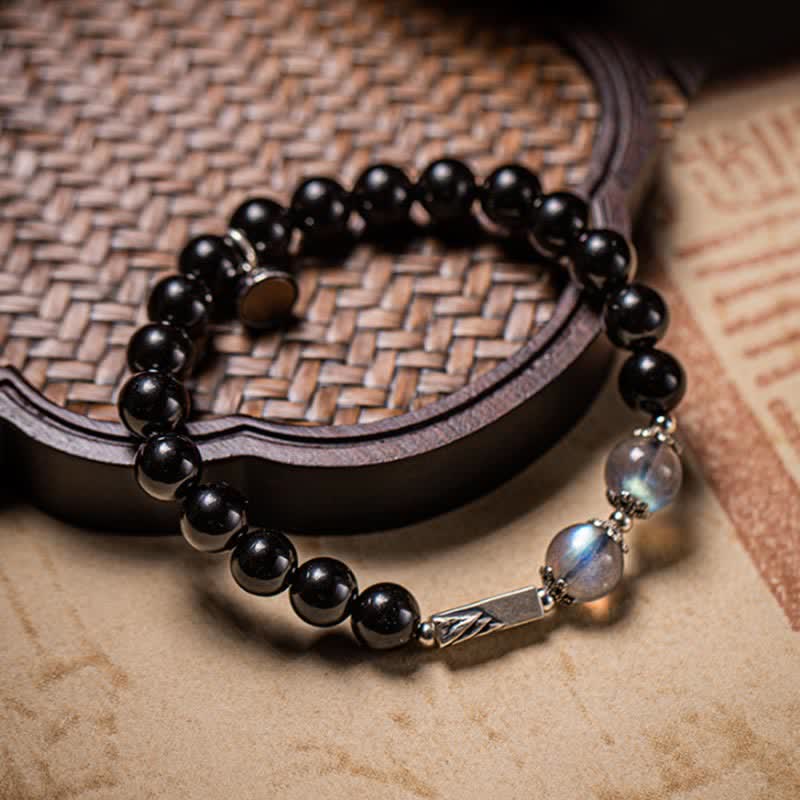 Obsidian Moonstone Couple Bracelet 8mm & 10mm for Strength