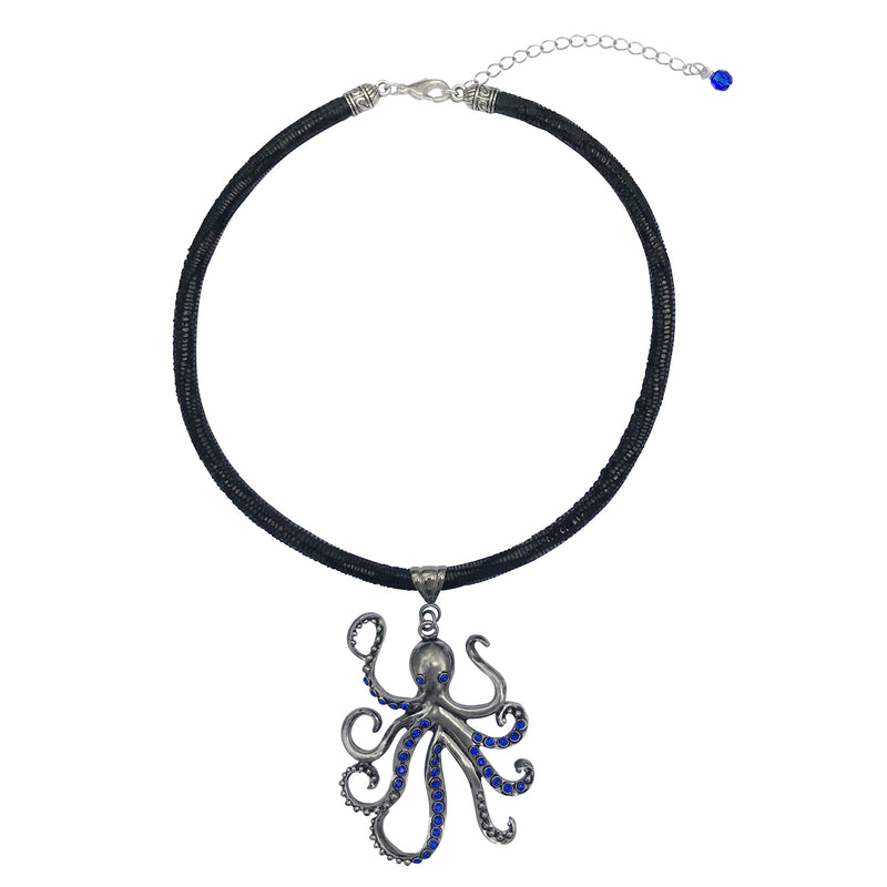 Large Pewter Octopus Pendant Choker Necklace With Blue Cz and Rhinestones on Thick Leather Cord