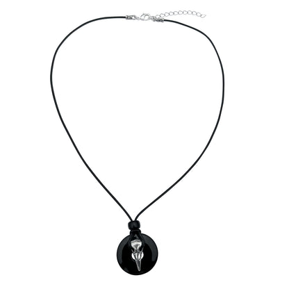 Silver Raven Skull on Black Onyx Tribal Black Leather Cord Necklace - 18 Inches