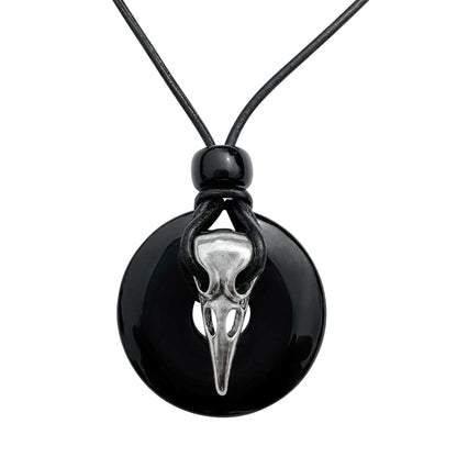Silver Raven Skull on Black Onyx Tribal Black Leather Cord Necklace - 18 Inches