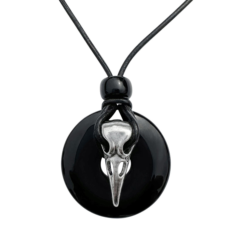 Silver Raven Skull on Black Onyx Tribal Black Leather Cord Necklace - 18 Inches