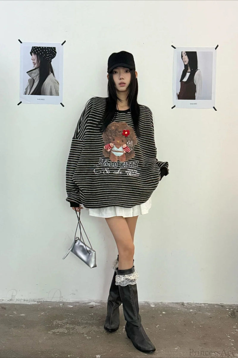 Oversized Striped Exploding Afro Hello Kitty Print Sweatshirt