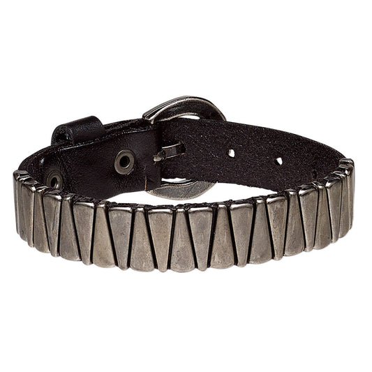 Modern Gothic Gunmetal Steel Triangles Black Leather Bracelet