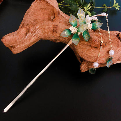 Pearl Flower Leaf Tassel Hairpin for Calm & Wealth