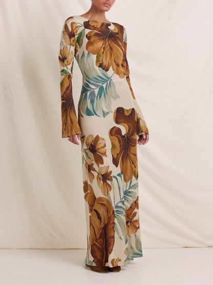 Hand—drawn Botanical Motifs Maxi Dress