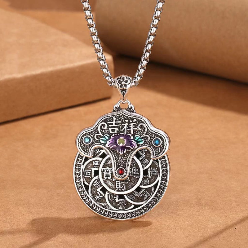 Peony Flower Copper Coins Spiritual Necklace for Wealth & Healing