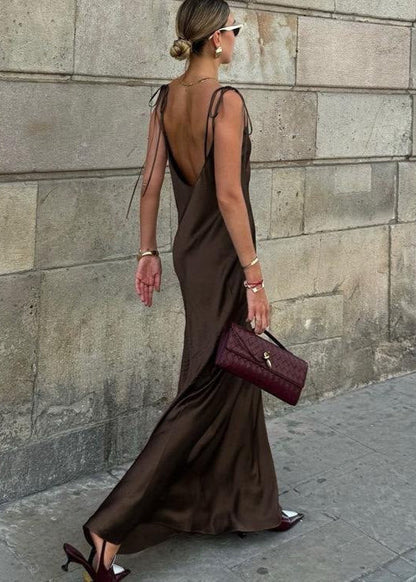 Mocha Satin Backless Maxi Dress – Low-back Tie-strap Slip Dress