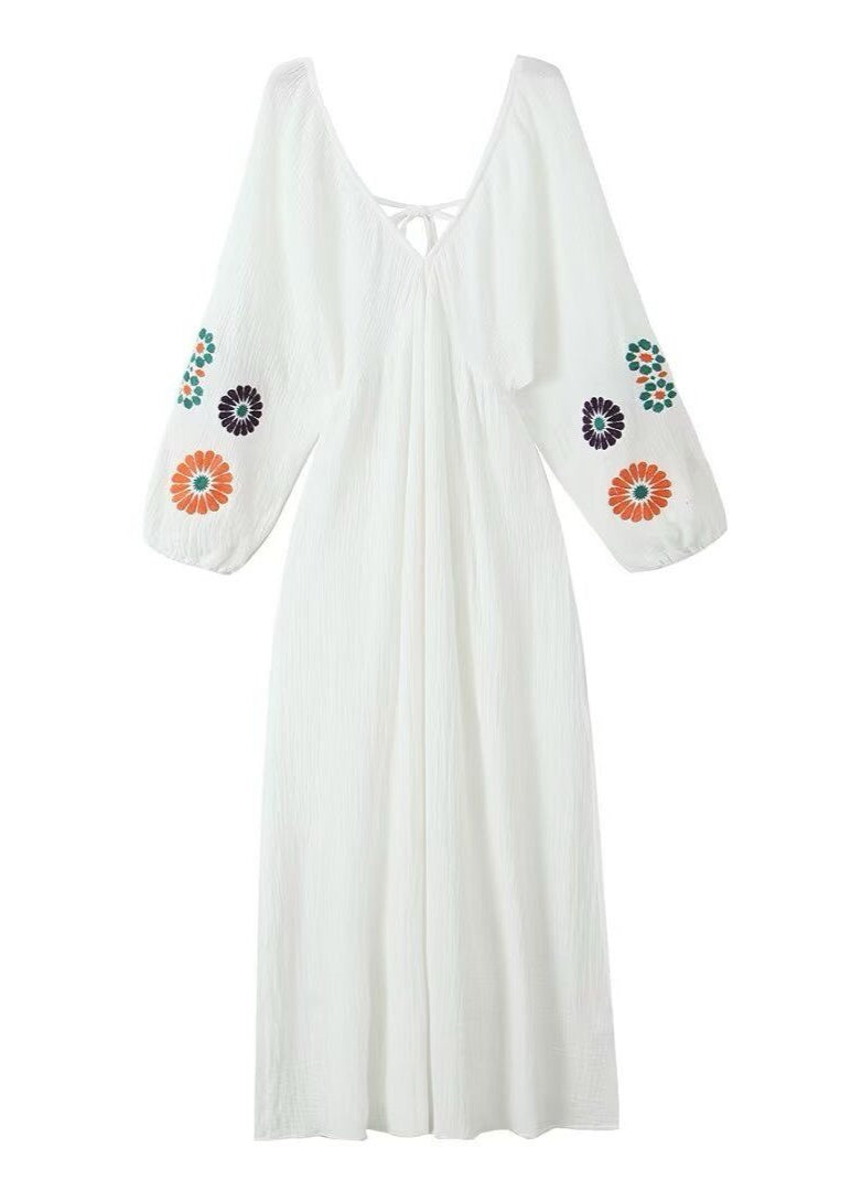 Solana Embroidered Maxi Dress – Open-back With Balloon Sleeves