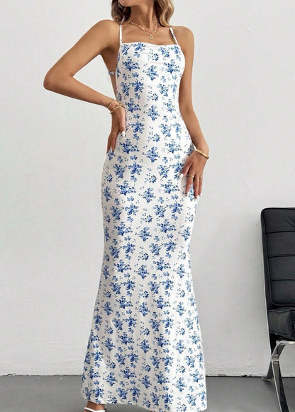 Blue Backless Maxi Dress - Crisscross Straps & Bodycon Fit
