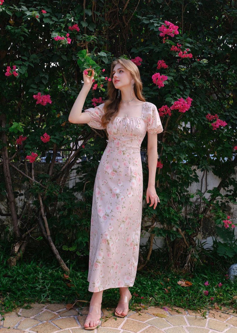 Florence - Puff Sleeve Maxi Dress With Rose Print