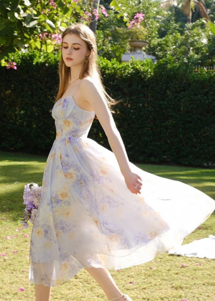 Iris Bloom - Ruched Lilac Midi Dress With Print