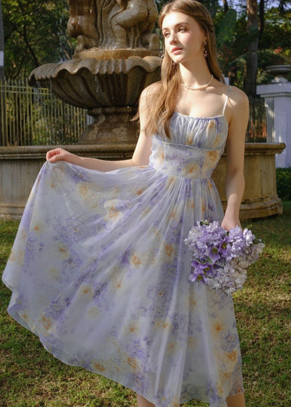 Iris Bloom - Ruched Lilac Midi Dress With Print