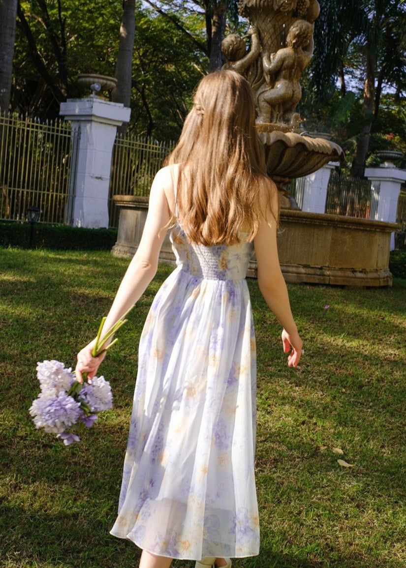 Iris Bloom - Ruched Lilac Midi Dress With Print